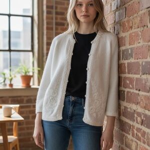 White Hand Knit Vintage Embroidered Acrylic 1960s Button Cardigan Sweater